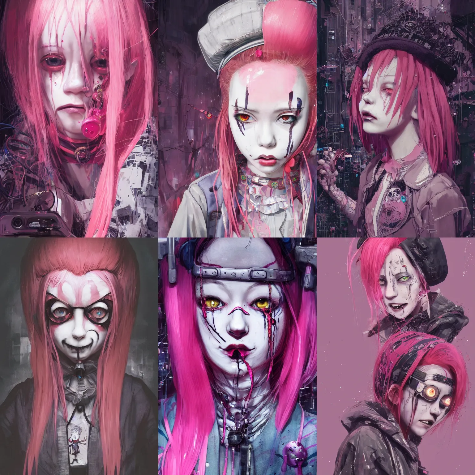 Image similar to by kyoto animation, very creepy clown girl pink hair, tears from the eyes, wearing cyberpunk intricate streetwear, beautiful, detailed portrait, intricate complexity, ilya kuvshinov, cell shaded, 4 k, concept art, by wlop, ilya kuvshinov, greg rutkowski, sharp focus, volumetric lighting, cinematic lighting