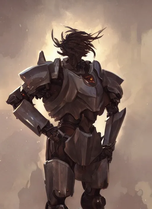 Image similar to medium-length portrait of a male paladin with short curly hair and a dark beard, dark brown skin, happy expression, wears a suit of power armor, gundam, medieval setting, highly detailed, digital painting, artstation, concept art, sharp focus, illustration, art by greg rutkowski and alphonse mucha