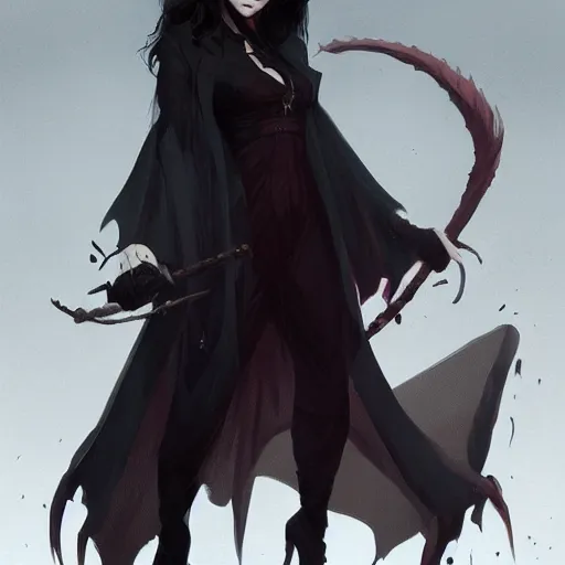 Image similar to female human vampire witch in the style of greg rutkowski, makoto shinkai, trending on artstation, character design, concept art, pretty face, highly detailed, long black hair, portrait, digital art