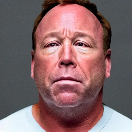 Image similar to alex jones mugshot. photorealistic.