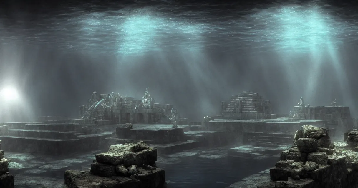 Prompt: wide shot, submerged pre - incan temple, carvings, dark, grenada underwater sculpture park, bubbles, abyss, stylized, anime style mixed with fujifilm, detailed gouache paintings, crepuscular rays, dark, murky, foggy, atmospheric, artstation, cgsociety, octane render, cgi, unreal engine 5, denoise, cinematic masterpiece