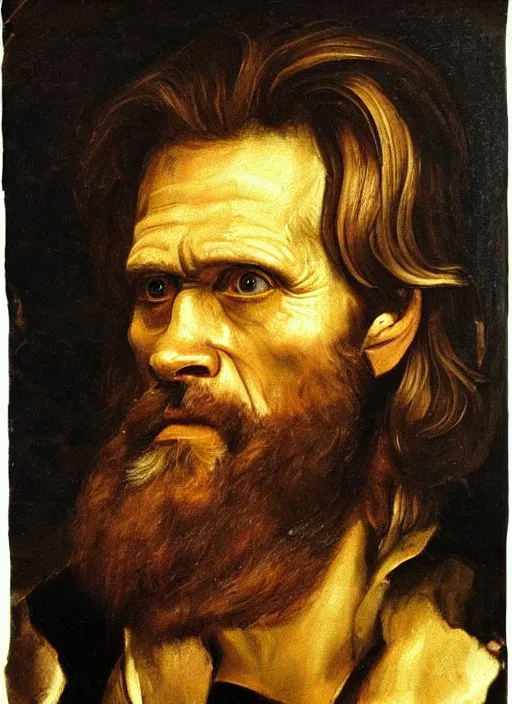 Prompt: flattering regal painting of bearded willem dafoe, renaissance oil painting, studious chiaroscuro