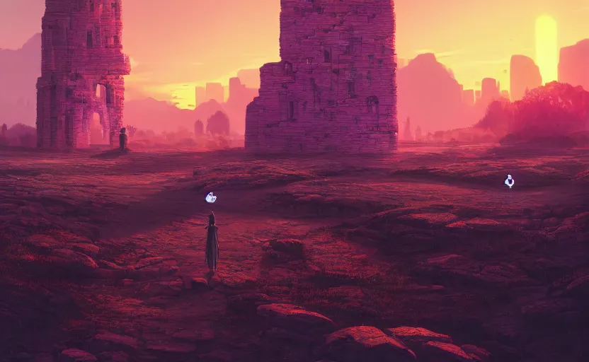 Prompt: A landscape with a giant stone brick tower with pillars on top at sunset, magical portal, cyberpunk, glowing runes, technology, Low level, rendered by Beeple, Makoto Shinkai, syd meade, simon stålenhag, environment concept, synthwave style, digital art, unreal engine, WLOP, trending on artstation, 4K UHD image, octane render,