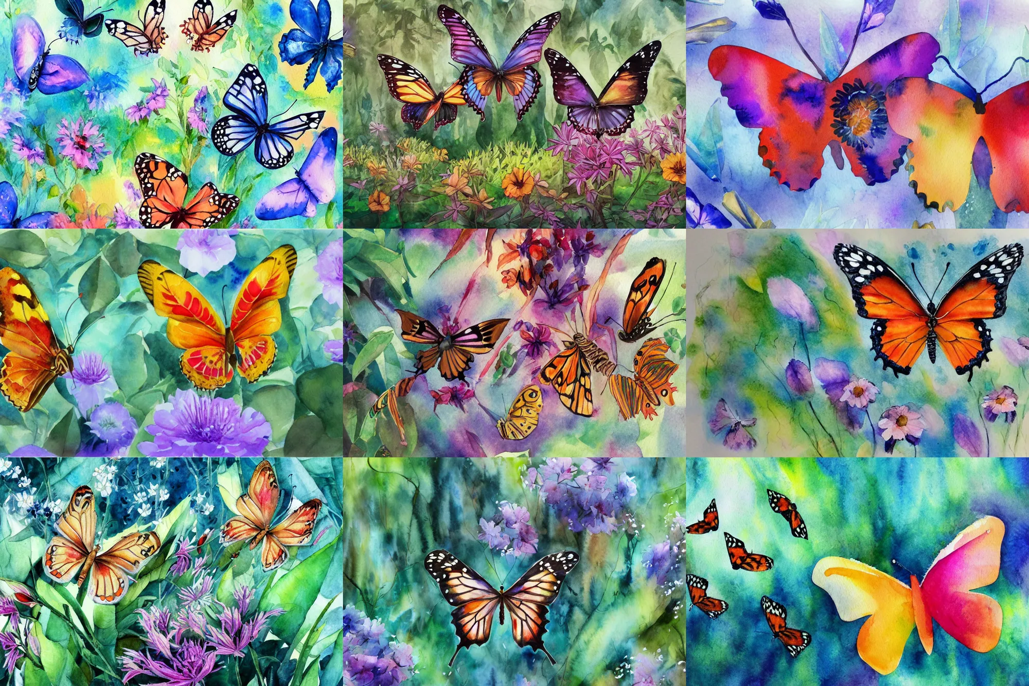 Prompt: Butterfly forest, high quality watercolors, award winning, trending on ArtStation