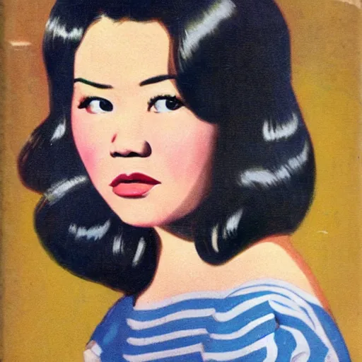 Image similar to Kelly Marie Tran portrait, color vintage magazine illustration 1950