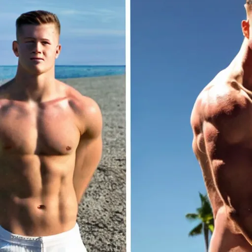 Image similar to a realistic detailed photo of a guy who is an attractive humanoid who is half robot and half humanoid, who is a male android, football player christian mccaffrey, shiny skin, posing like a statue, blank stare, by the beach, on display