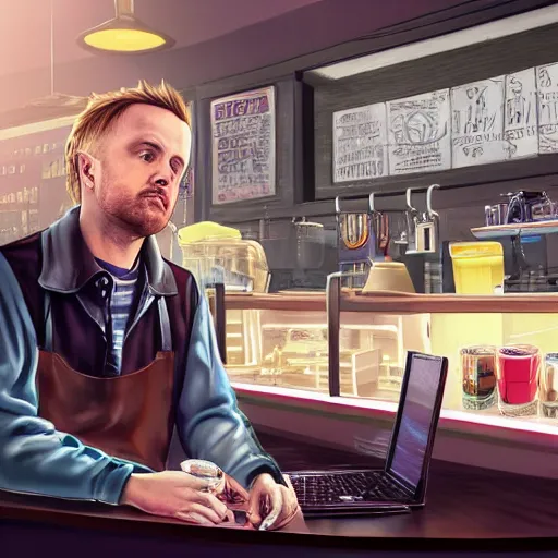 Image similar to Hyperrealistic ultradetailed digital art of Jesse Pinkman working at a coffee shop, realistic, detailed lighting, cinematic, trending on artstation and 500px and behance