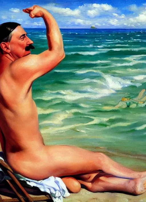 Image similar to adolf hitler sunbathing at an argentinian beach by vladimir volegov and alexander averin