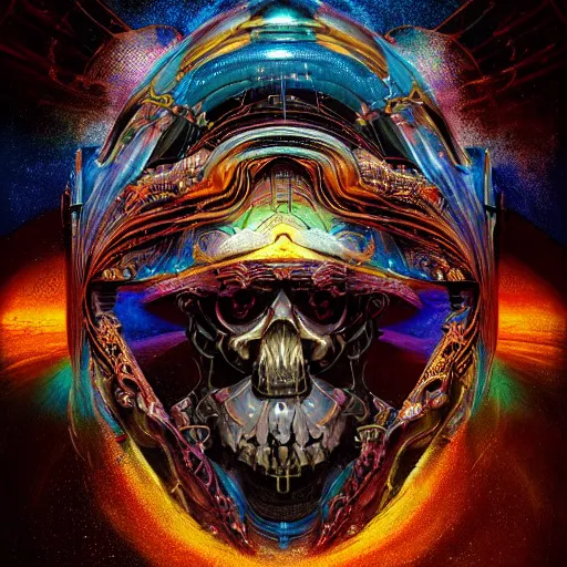 Image similar to portrait of a fantasycore glitchcore skull in a helmet. intricate abstract. intricate artwork. celestial. immaculate, by dan seagrave, beeple, dan mumford. octane render, CGSociety very coherent symmetrical artwork. cinematic, hyper realism, high detail, octane render, 8k, iridescent accents