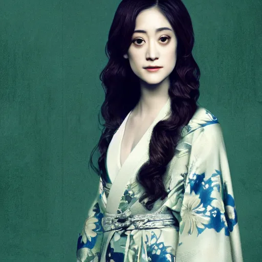 Image similar to Japanese Emmy Rossum wearing kimono, realistic, photo studio, HDR, 8k, trending on artstation