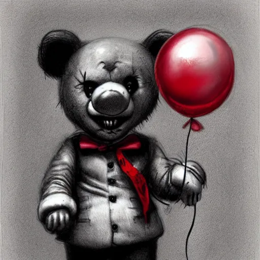 Image similar to surrealism grunge cartoon portrait sketch of a teddy bear with a wide smile and a red balloon by - michael karcz, loony toons style, pennywise style, horror theme, detailed, elegant, intricate