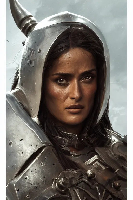 Image similar to portrait, Salma Hayek , barbarian , dressed in steel armor, face portrait, raphael lacoste, eddie mendoza, alex ross, concept art, matte painting, highly detailed, rule of thirds, dynamic lighting, cinematic, detailed, denoised, centred