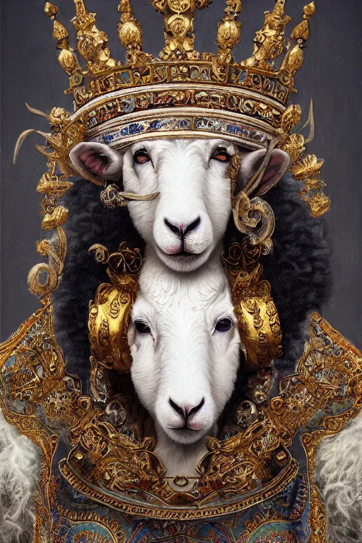 Image similar to anthropomorphic sheep queen, crown, oil on canvas, intricate, portrait, 8 k highly professionally detailed, hdr, cgsociety