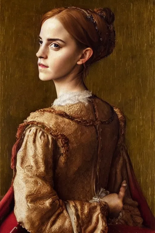 Image similar to stunning portrait of emma watson, oil painting by jan van eyck, northern renaissance art, oil on canvas, wet - on - wet technique, realistic, expressive emotions, detailed textures, illusionistic detail