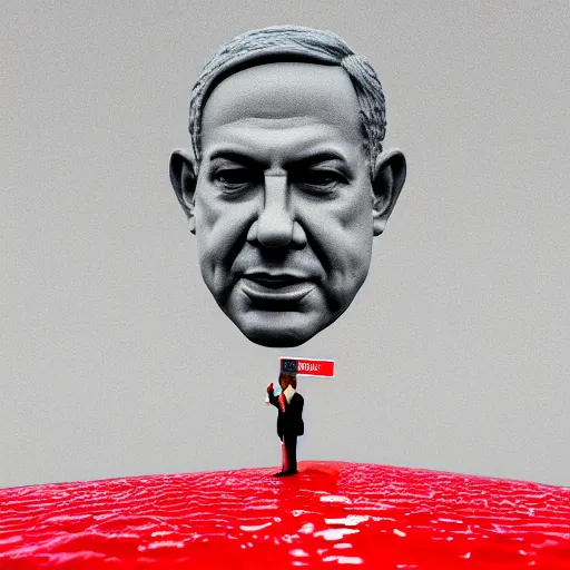 Image similar to a giant benjamin netanyahu sculpture made out of juicy red jelly on water surface, long shot, hyper detailed, hyper realistic, ray tracing, 8 k resolution, sharp focus, realistic water, award winning