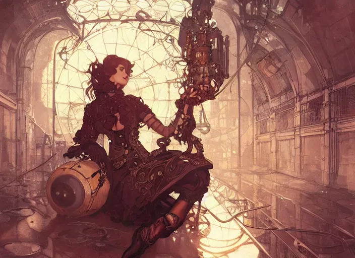 Prompt: woman model, steampunk!!! and modern, rgb, in decadent sewers, backlit, elegant, highly detailed, digital painting, artstation, concept art, smooth, sharp focus, illustration, art by krenz cushart and artem demura and alphonse mucha