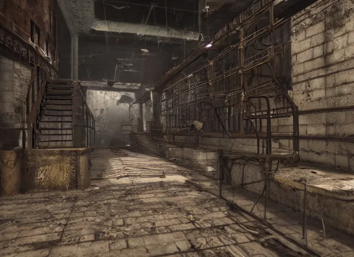 Prompt: wire, grate, iron, pipes, steam, fans, stairs, rust horror darkness, destroyed, highs detailed, unreal engine