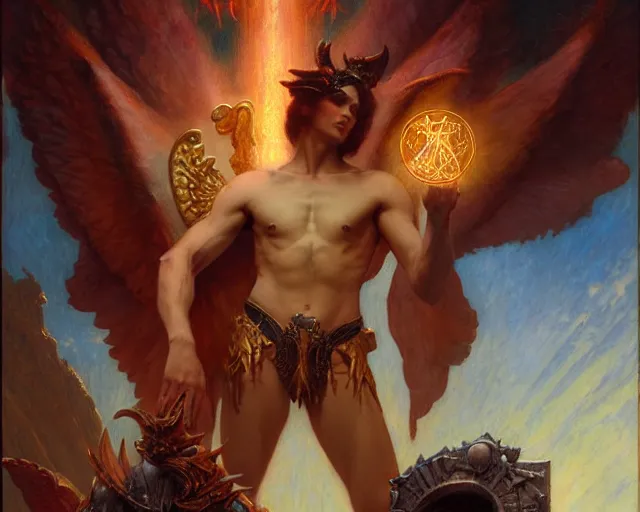 Prompt: monumental male deity, casting demonic magic, summoning handsome lucifer morning star. highly detailed painting by gaston bussiere, craig mullins, j. c. leyendecker 8 k