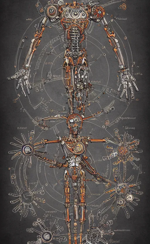 Image similar to anatomy of the vitruvian terminator, robot, cyborg, t 1 0 0, bloodborne diagrams, mystical, intricate ornamental tower floral flourishes, rule of thirds, technology meets fantasy, map, infographic, concept art, art station, style of wes anderson