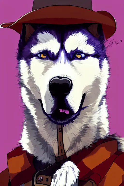 Prompt: a portrait painting of a husky in cowboy costume, wearing a cowboy hat, by [ studio ghibli ], in the style of anime, [ red dead ], trending on artstation