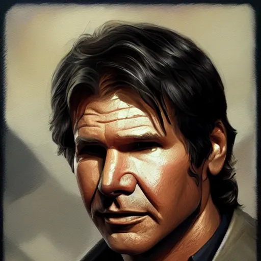 Image similar to old harrison ford as han solo, oil painting, artgerm, portrait, highly detailed, artstation