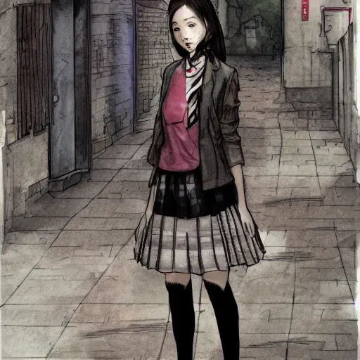 Image similar to a perfect, realistic professional digital sketch of a Japanese schoolgirl posing in a dystopian alleyway, style of Marvel, full length, by pen and watercolor, by a professional American senior artist on ArtStation, a high-quality hollywood-style sketch, on high-quality paper