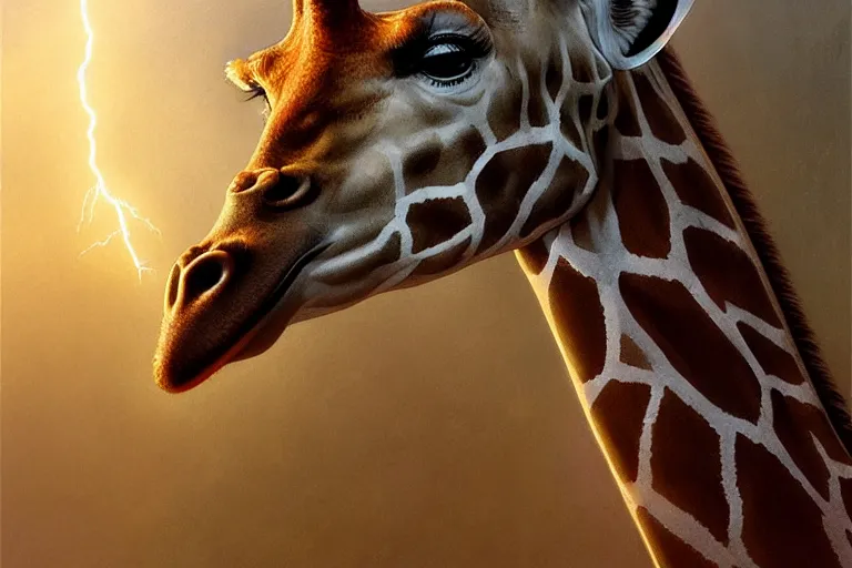 Image similar to lightning strikes a giraffe's head, deep focus, intricate, elegant, highly detailed, digital painting, artstation, concept art, matte, sharp focus, illustration, art by artgerm and greg rutkowski and alphonse mucha