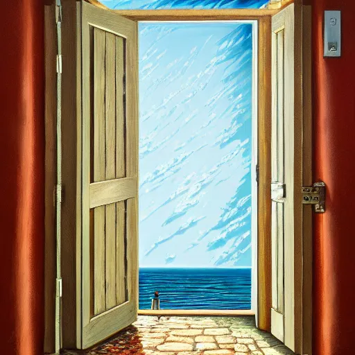 Image similar to a gust of sea air pushed open the door by jeffrey smith, oil on canvas