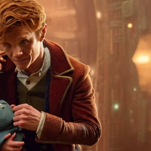 Prompt: newt scamander taking care of baby groot from guardians of the galaxy