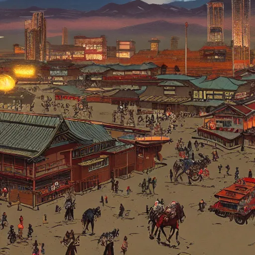 Image similar to Sprawling view of american Western Cowboy Town with Edo Period Japan design; trending on Artstation