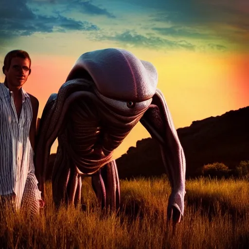 Image similar to an alien creature and a human, in a nice alien landscape, sunset, dramatic lighting, beautiful