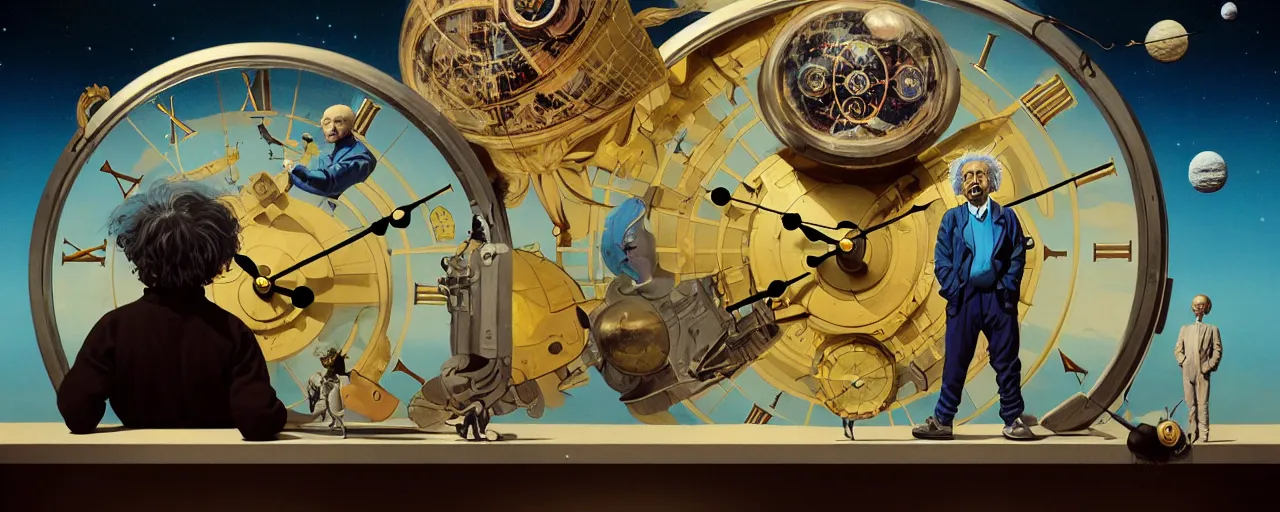 Image similar to duotone surrealist illustration 3 / 4 portrait of albert einstein measuring time on salvadore dali clock in outer space. golden ratio accidental renaissance. by sachin teng and sergey kolesov and ruan jia and heng z. graffiti art, scifi, fantasy, hyper detailed. octane render. concept art. trending on artstation