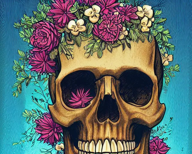 Prompt: An illustration of a skull with flowers inside it, lush, rich, digital art, illustrated by Dan Mumford