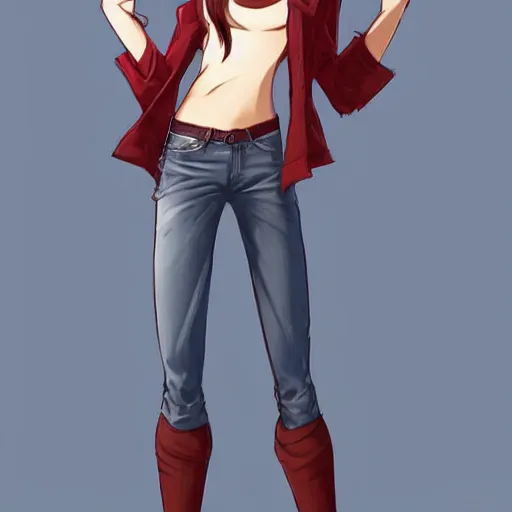 Image similar to full-body shot of an attractive tomboy girl with long, crimson red hair and red eyes, wearing a brown, open jacket and green jeans with a stern look, midriff, concept art, character design, by WLOP, by Tomine, by Kon, Satoshi, by Leyendecker