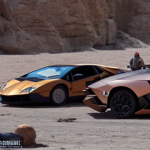 Prompt: two jawas chopping up a lamborghini aventador in mos eisley