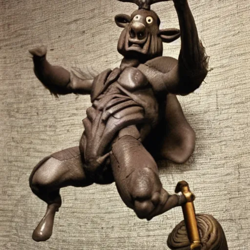 Prompt: a photo of a realistic minotaur stop motion puppet, highly detailed, realistic, cinematic lighting, by ray harryhausen