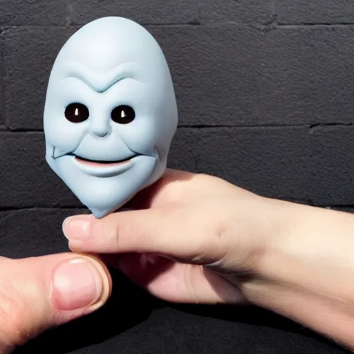 Image similar to vinyl designer toy, character head shaped as crescent, with hands and legs growing from head, creepy smiling evil face with wrinkles, holds a small knife in hand