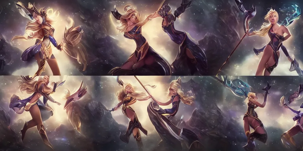 Prompt: hyper realistic action shots of Lux (League of Legends) played by Margot Robbie, using a magical staff, multiple angles. 4k, IMAX, sigma, cinematic, lute