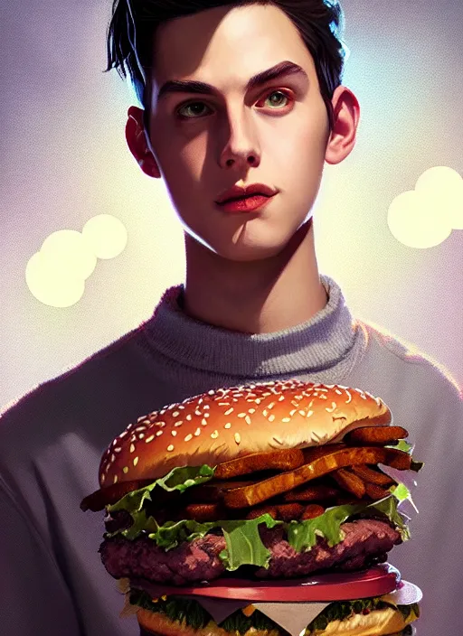 Prompt: portrait of teenage jughead jones, devouring hamburgers, intricate, elegant, glowing lights, highly detailed, digital painting, artstation, concept art, smooth, sharp focus, illustration, art by wlop, mars ravelo and greg rutkowski