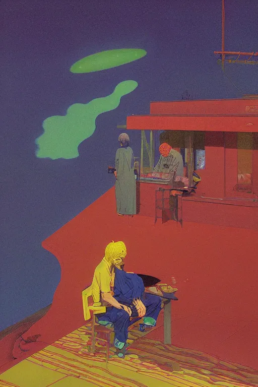 Image similar to man licks a tab of LSD acid on his tongue and experiences psychedelic hallucinations, by kawase hasui, moebius, Edward Hopper and James Gilleard, Zdzislaw Beksinski, Steven Outram colorful flat surreal design, hd, 8k, artstation