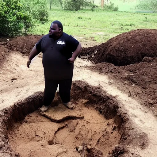 Image similar to a dramatic photo of a fat man who has dug a large hole and discovered the worlds largest yam. he is crying tears of joy.