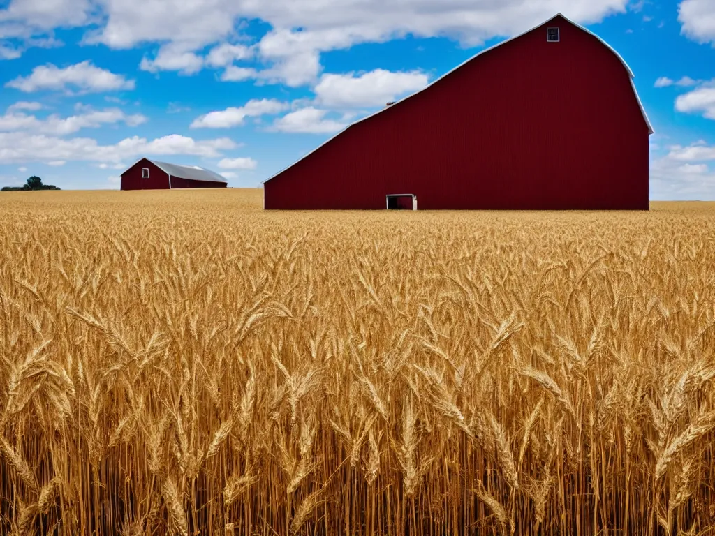 Image similar to A single isolated old red barn next to a wheat crop at noon. Blue sky, award winning photography, wide shot, surreal, dreamlike.