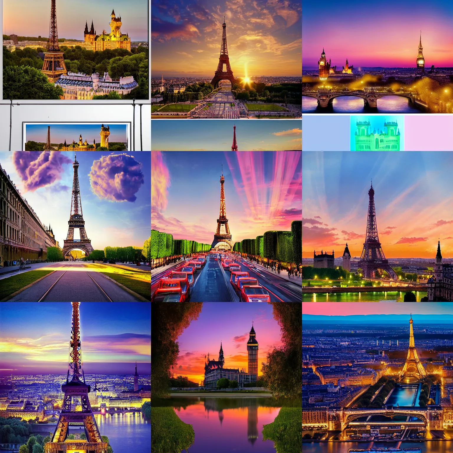 Prompt: sunrise in europe, eiffel tower and big ben and colloseum and neuschwanstein in a beautiful landscape, elegant, realistic, refined, highly detailed, natural outdoor soft pastel lighting colors scheme, outdoor fine art photography by david lachapelle, volumetric lighting, hyper realistic photography