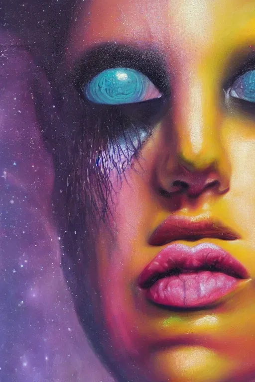 Image similar to hyperrealism oil painting, close - up portrait of face from a tangle of snakes fashion model, knight, street art gradient mixed with nebula sky, in style of baroque