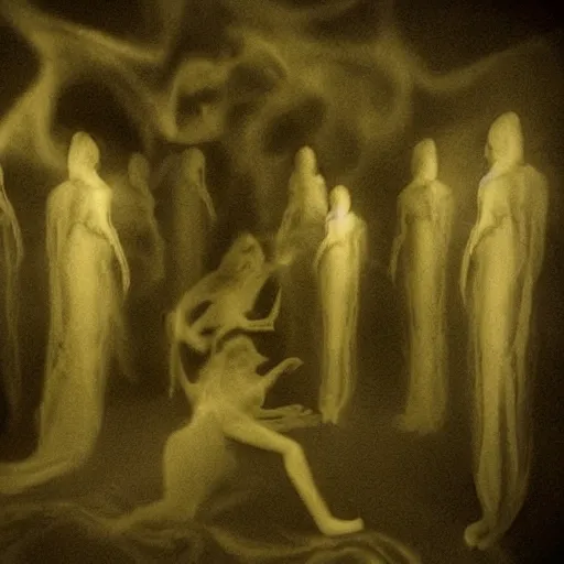 Prompt: Ghosts swirl around a human figure | Dark void filled with spirits | Haunting