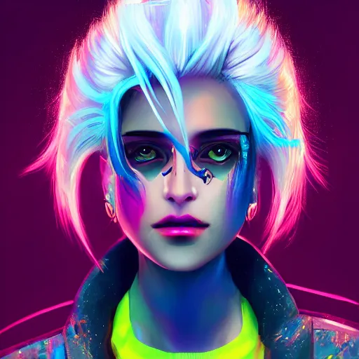 Image similar to A colourful neon filled painting of a female gang leader with white hair by Wlop and Z eD, Cyberpunk, handsome face, bomber jacket, white hair, yellow iris, golden eyes, trending on artstation, pixiv, 4k, HDR, unreal engine