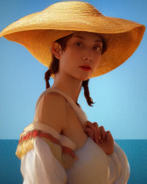 Prompt: portrait of a european female with straw hat, by greg rutowski, tezuka, mucha, bierstadt, remington, trending on artstation, concept character, digital art, octane render