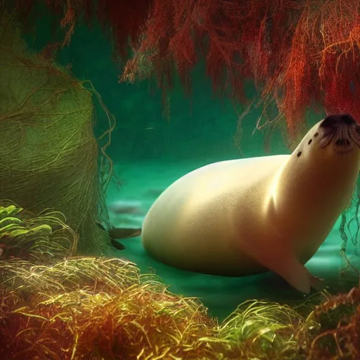 Prompt: A seal sleeping peacefully in a kelp forest, Prince in pastel!, cinematic, hyper realistic, detailed, 8k, octane render.