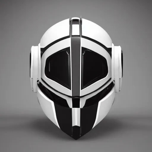 Image similar to centered robot helm black white and gold, anthem, warframe, octane render