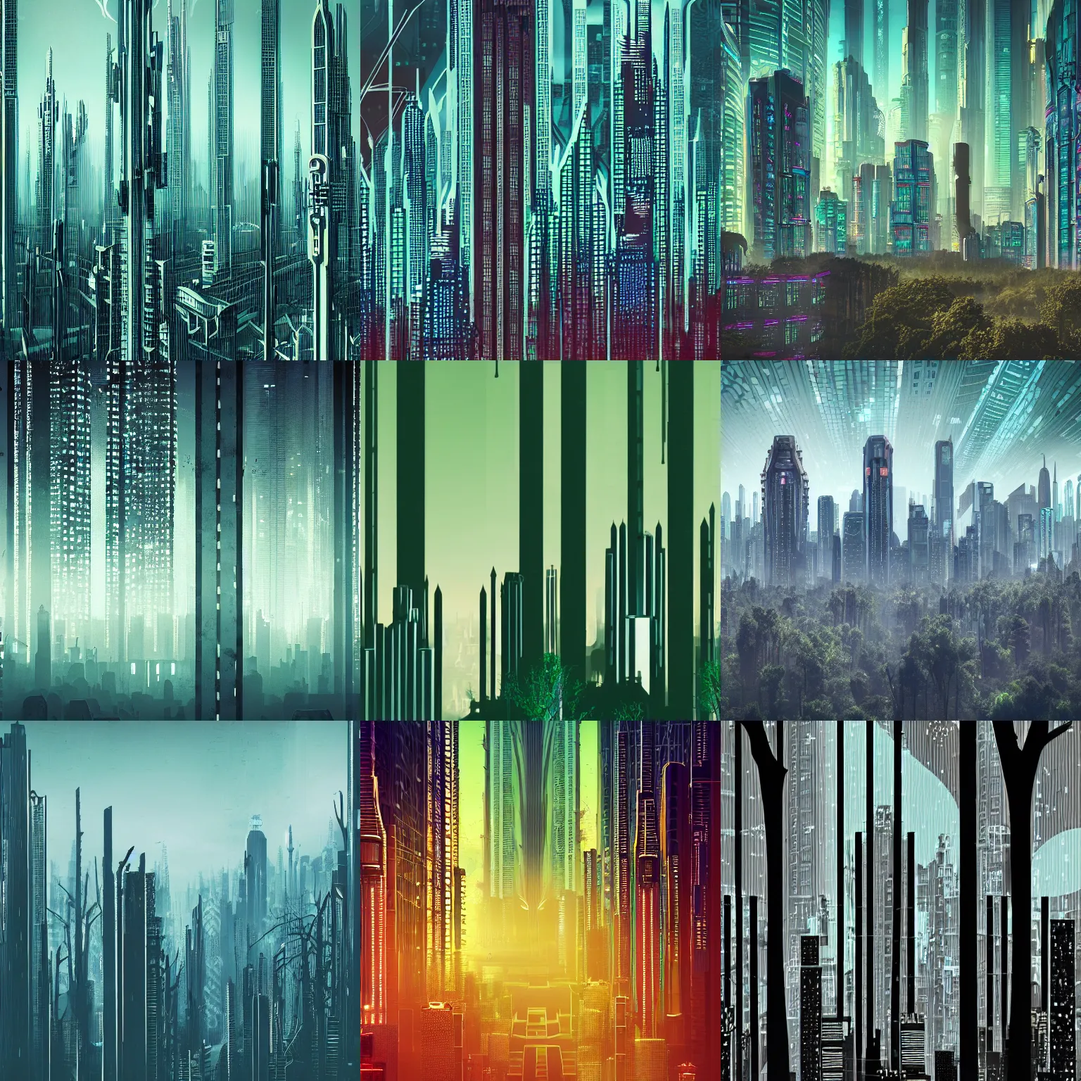 Prompt: detailed photo of a beautiful cyberpunk Art Deco skyline containing a forest, at noon